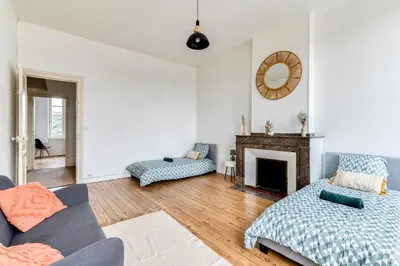 a living room with a couch and a fireplace at Le Marty - wifi - central - climatison - parking gratuit in Carcassonne