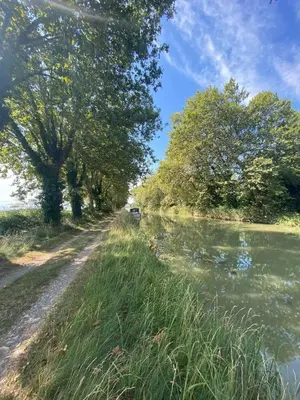 a dirt road next to a river with trees at Le Bleu du Sud in Gruissan