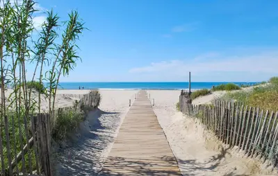 a wooden path to the beach with the ocean in the background at Amazing Home In Saint-Laurent-De-La-Ca With Wifi in Saint-Laurent-de-la-Cabrerisse