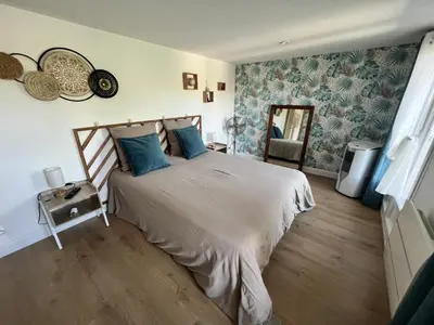 a bedroom with a large bed with blue pillows at Alba zen & spa in Villefranche-de-Lauragais