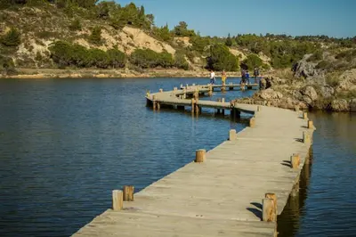 a group of people walking on a dock in the water at L'Alchémille Terrasse Wifi in Peyriac-de-Mer