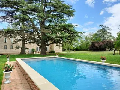 a swimming pool in front of a house with a tree at L'Appartement de l'Orangerie in Lempaut