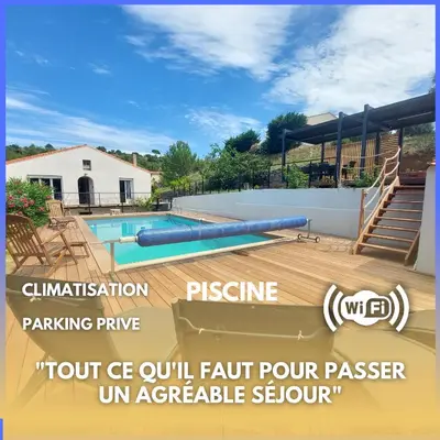 an image of a swimming pool with the fault faultaped passenger at Villa au calme, tout confort clim piscine wifi 7 personnes in Caunes-Minervois