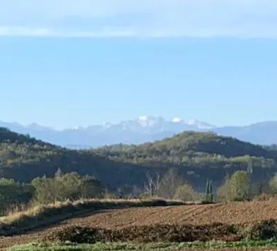 a view of a field with mountains in the background at Roulotte et Nature in Mirepoix