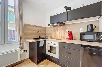a kitchen with stainless steel appliances and a microwave at Charming studio near the city center of Narbonne in Narbonne