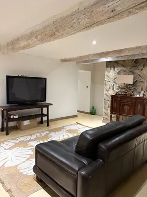 a living room with a leather couch and a flat screen tv at Ma petite chaumière in Bouilhonnac