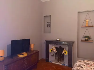 a living room with a fireplace and a tv at O'MAZETTE CHAMBRE D'HOTE ROMANTIQUE visite de l'aude in Fabrezan