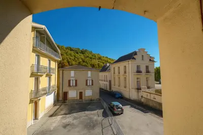a view from a window of a street with buildings at Appartement 2 chambres avec baignoire Lavelanet in Lavelanet
