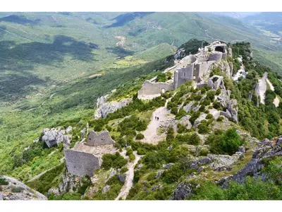 an aerial view of a castle on a mountain at Jolie cabane avec vue magique sur la montagne in Bugarach