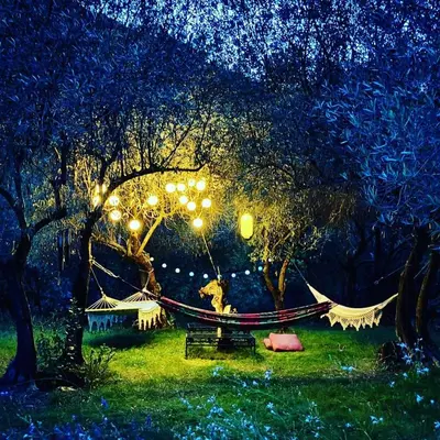 a hammock in a park at night with lights at Peaceful Gite By The Black Mountain in Caunes-Minervois
