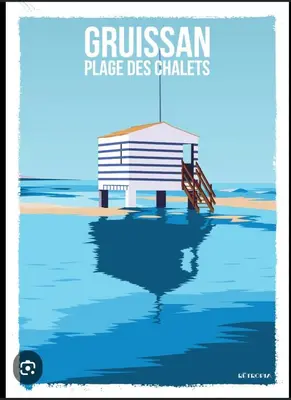 a poster of a bench on a beach with the words german place des climates at Studio Gili Meno in Narbonne