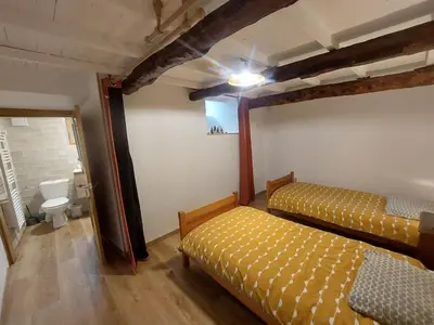 a room with two beds and a toilet in it at Au petit hameau Cabrespine in Cabrespine
