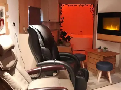 a living room with a chair and a television at Mobil-home confortable avec terrasse pour 4 personnes à Sournia - API-1-52-622 in Sournia