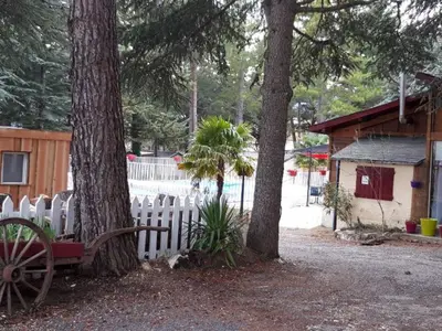 a bench sitting next to two trees next to a fence at Mobil-home spacieux avec terrasse - 6 personnes - API-1-52-676 in Sournia
