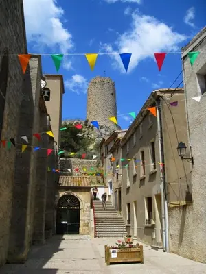 an alley with flags and a castle in the background at Vagues et Vignes Gruissan Corbières in Gruissan