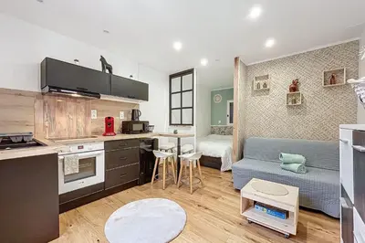a kitchen and living room with a couch and a table at Charming studio in the city center of Narbonne in Narbonne