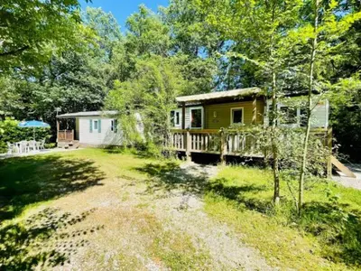 a tiny house in the woods with a yard at Bungalow 3 Pièces avec Terrasse - API-1-52-888 in Camon