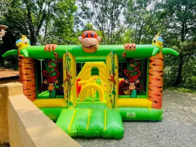 a inflatable play structure with a monkey on it at Chalet cosy avec terrasse pour 4 personnes - API-1-52-919 in Camon
