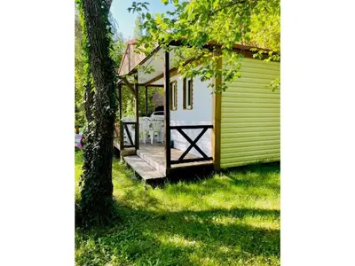 a small green house with a porch and a tree at Chalet de 26m² avec Terrasse pour 4 Personnes - API-1-52-1070 in Camon