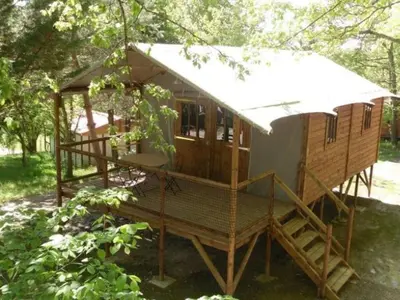 a tiny house in the woods with a porch at Lodge 22m² avec Terrasse - Pour 5 Personnes - API-1-52-1500 in Camon