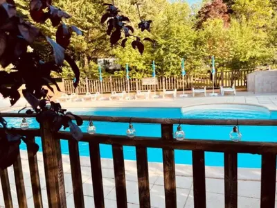 a swimming pool in a park with a wooden fence at Cabane sur pilotis avec terrasse au calme - API-1-52-1502 in Camon