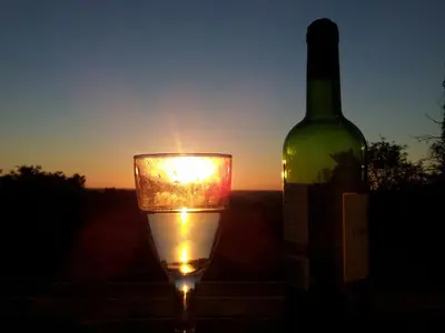 a glass of wine next to a bottle of wine at Holiday Home Gemütliches Ferienhaus in Villautou by Interhome in Villautou