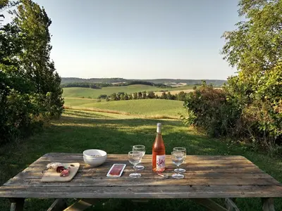 a wooden table with a bottle of wine and glasses at Jj French Gites in Pécharic-et-le-Py