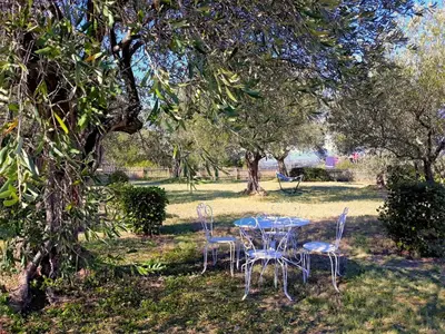 a table and chairs under a tree in a field at location Phoebé dans la propriété Elaia in Tourouzelle