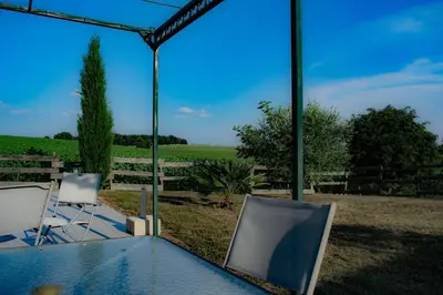 a patio with two chairs and a table with a view of a field at Chambre d'hôtes Lempery in Puéchoursi
