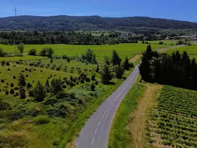 an empty road in a field with a windmill in the distance at Villa in Olonzac with Pool near Lac du Jouarres in Olonzac