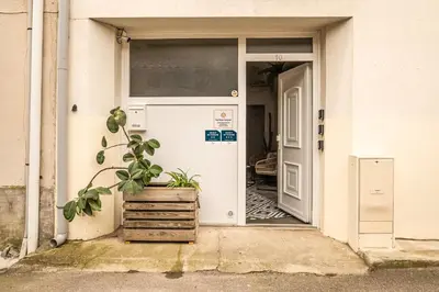 an open door with a potted plant in front of it at Studio Marceau Clim Wifi Centre ville 2 pers in Lézignan-Corbières