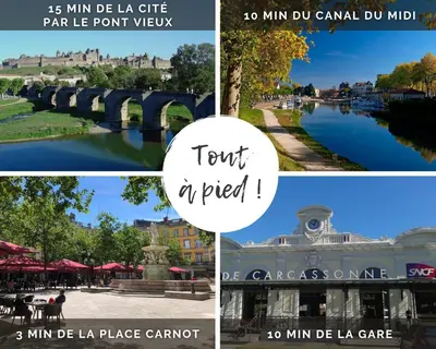 a collage of photos with a river and a bridge at L'Escapade - Parking Gratuit - WIFI - Climatisation - Proche Cité - Tout Equipée in Carcassonne