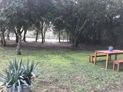 a picnic table and bench in a park with trees at VILLA LOUNA 4 étoiles in Ventenac-Cabardès