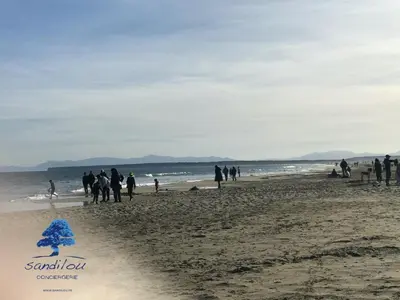 a group of people walking on the beach at Mobilhome Côté mer - 3 Chambres - Climatisé - TV in Sigean