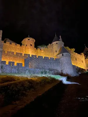 a castle on top of a hill at night at Gite a la ferme avec jacuzzi et sauna in Villefloure