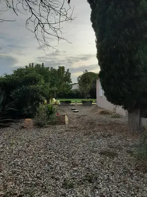 a gravel yard with a tree and a building at Tranquillité B&B in Cuxac-dʼAude