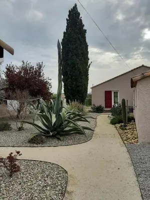 a garden with a cactus and a house at Tranquillité B&B in Cuxac-dʼAude