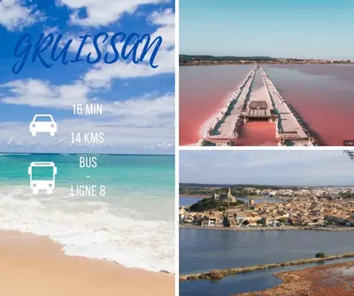 a collage of photos of a beach with a bus at La cabane bleue à Narbonne in Narbonne