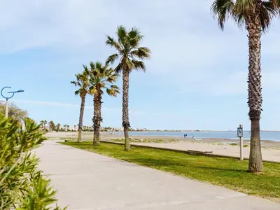 a sidewalk next to a beach with palm trees at Chaleureuse Villa à Gruissan - 6 pers, Près de la Plage, Garage, Cuisine Équipée, Confort Moderne - FR-1-409A-17 in Gruissan