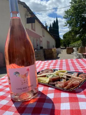 a bottle of wine sitting on a table with a tray of food at Hong Kong Guest room in the heart of the vineyard no69 in Badens